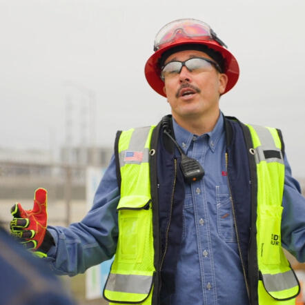 Man wearing safety gear.