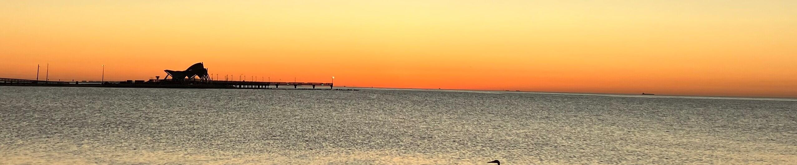 A serene sunset scene over a calm bay shows the sky fading from orange near the horizon to pale blue above. In the foreground, dark rocks line the shore while gentle ripples move across the water. A lone wading bird, likely a heron or egret, stands in the shallow water, its reflection visible. Far in the distance, a pier and a distinctive structure are silhouetted against the glowing horizon.